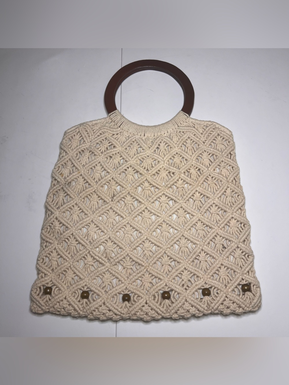 VTG 70s Macrame Boho Handbag Wood Ring Handles Bead Accent Lined